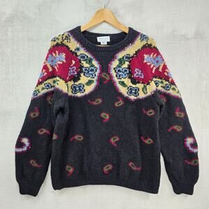 Vintage Roberta Frost Wool Knit Sweater Women Small Black Paisley Floral Cottage